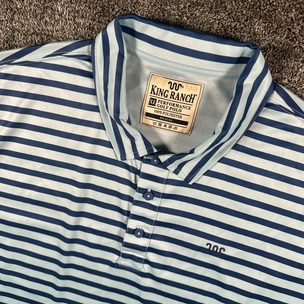 King Ranch Golf Polo Shirt Mens XL Performance Golf Blue Striped Short Slv Logo